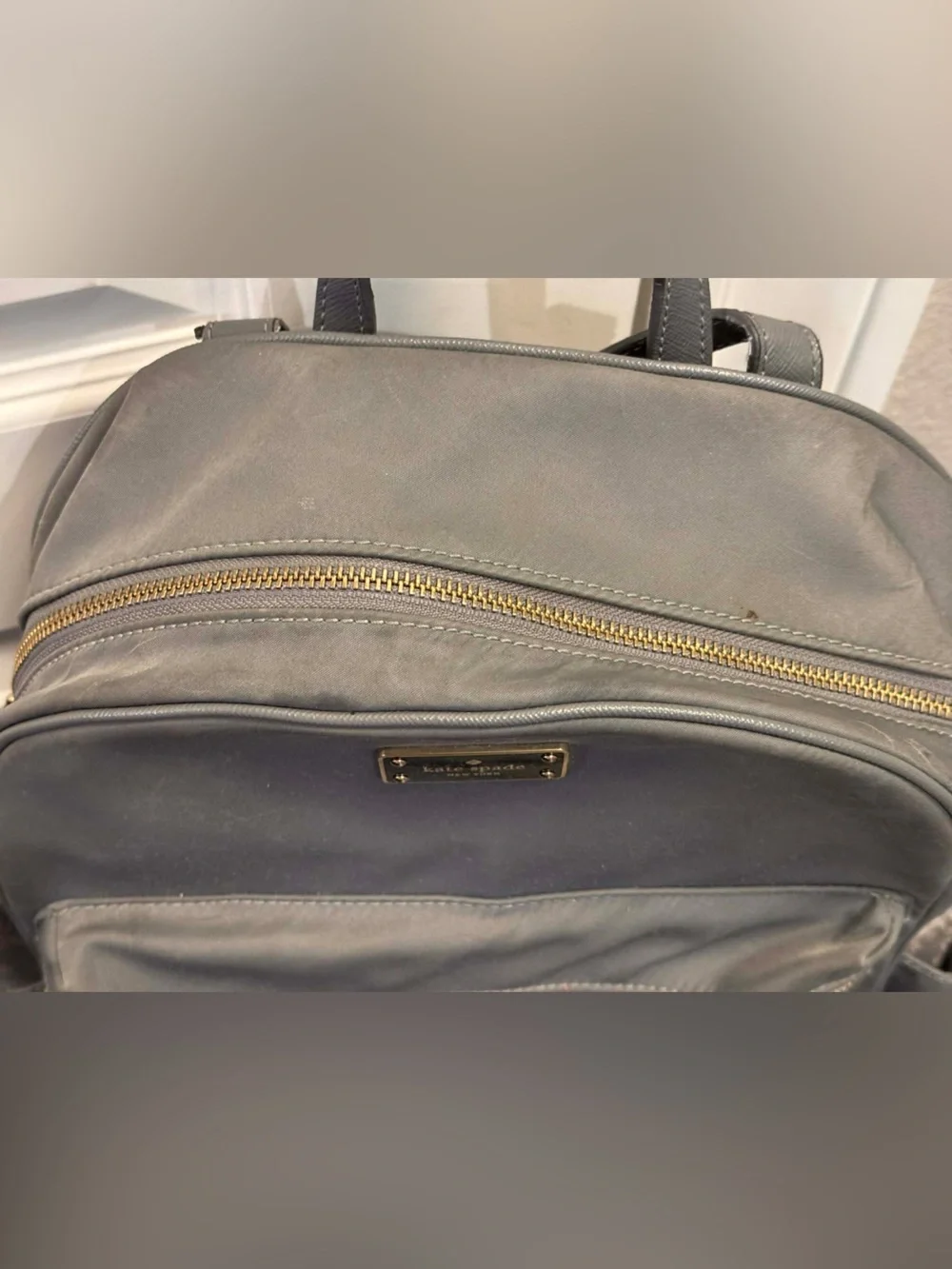 kate spade Gray Nylon Backpack with Gold Hardware one strap was patched see pics